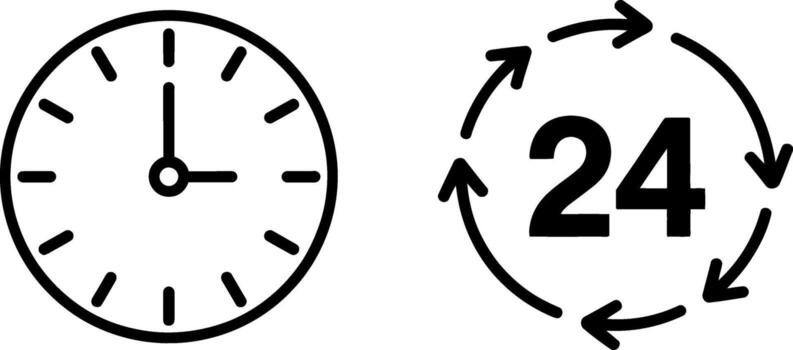 Iconography for time management and 24 hour service availability showing clock and circular arrows vector