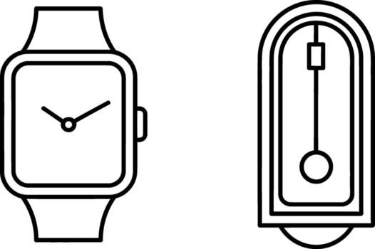 Simple line icons of a modern smartwatch and a classic pendulum clock for timekeeping concepts vector