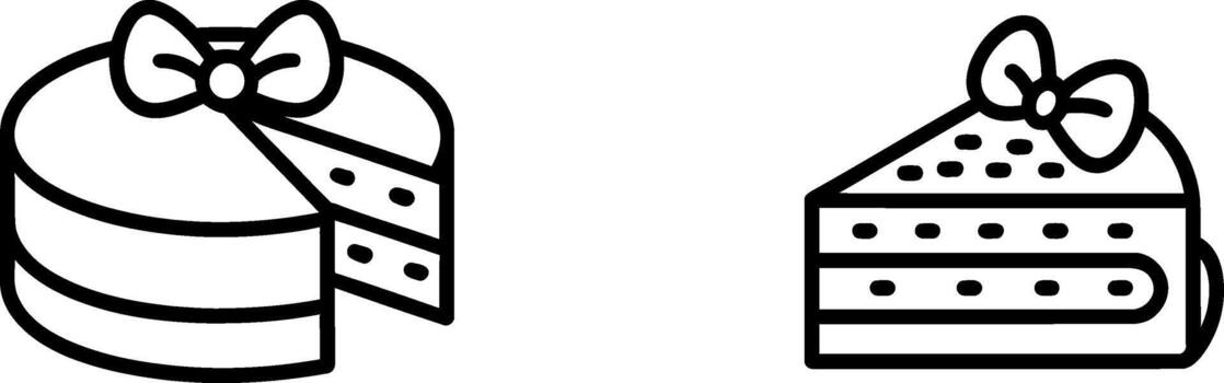 Simple outline drawing of a cake with a slice removed and a cake slice decorated with bow and dots vector