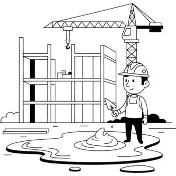 monocromo línea Arte ilustración demostración un contento construcción trabajador preparando cemento, con un edificio debajo construcción y un grande grua, significando edificio y Progreso vector