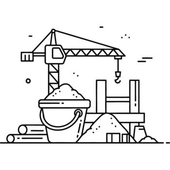 Stylized drawing of an active construction site, showcasing essential heavy machinery, building materials, and foundational structural elements, symbolizing progress and urban development vector
