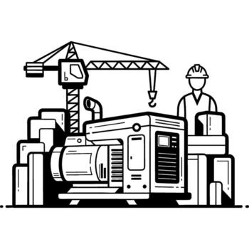 Stylized line art graphic of an industrial power generator, a construction worker, and a crane, depicting critical energy supply for building projects and infrastructure development vector