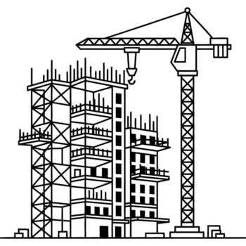 line art of a construction site featuring a multi-story building frame and a tower crane, representing urban architectural development vector