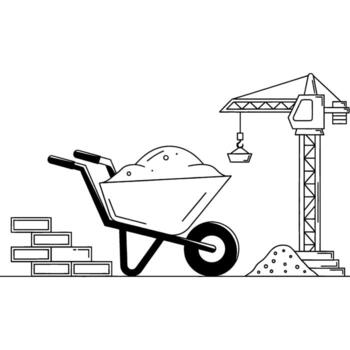 limpiar línea Arte ilustración representando esencial construcción sitio elementos incluso un carretilla, apilar de ladrillos, y un torre grua, simbolizando edificio y desarrollo proceso vector