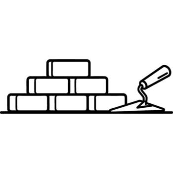 Simple line art illustration of stacked bricks and a masonry trowel, representing fundamental building materials and essential tools used in construction, renovation, and home improvement projects vector