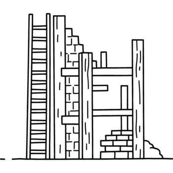 contorno de un parcialmente construido de madera y ladrillo edificio con andamio y un escalera, simbolizando Progreso y desarrollo vector