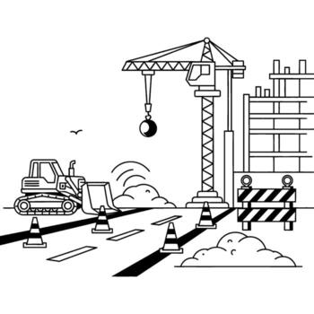 limpiar línea Arte ilustración de un activo urbano construcción sitio con pesado maquinaria, edificio desarrollo, y la carretera infraestructura proyecto en Progreso vector