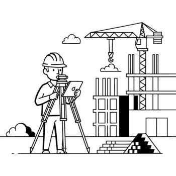 Surveyor using digital equipment on a construction site with a crane and unfinished building vector