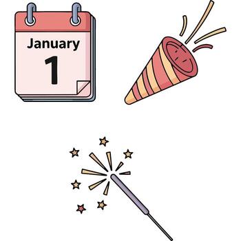 Festive New Year's Celebration Kit with Calendar Showing January First, Exploding Party Popper, and Sparkling Sparkler Illustration vector