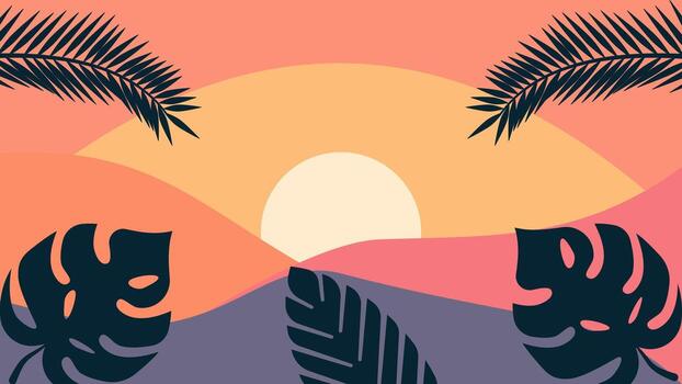Illustration of a tropical sunset with palm leaf silhouettes and colorful gradient sky, creating a relaxing and exotic atmosphere. vector