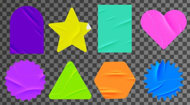 Realistic collection of brighr neon colored stickers with folds. Wrinkled glued labels different shapes and forms. Scotch tape, wrinkled paper texture vector