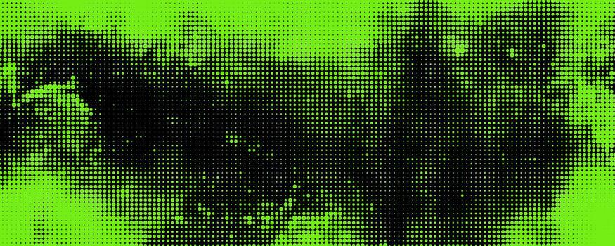 Abstract neon green colored background with halftone effect. Brush drawn scratches splatter grunge distressed background. Grainy bold brush strokes texture with small dots vector