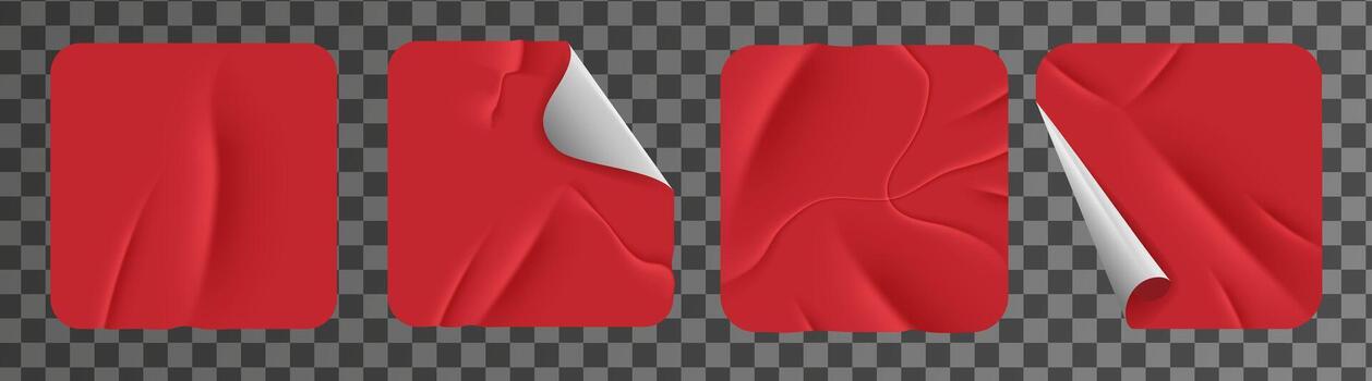 Realistic collection of red square stickers with folds. Duct tape with wrinkles set. Scotch tape, wrinkled paper texture vector