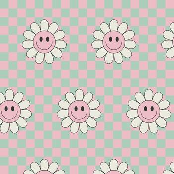 Seamless groovy pattern with pink smiling flower on blue pink checkered background, retro style design for textile and wrapping paper. vector