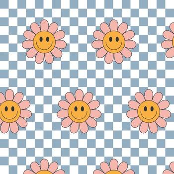 Seamless groovy pattern with pink smiling flower on blue white checkered background, retro style design for textile and wrapping paper. vector