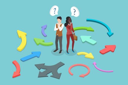 3D Isometric Flat Illustration of Doubting in Choosing Path, Making Secision vector