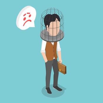 3D Isometric Flat Illustration of Brain in Prison, Stifled Creativity, Fear And Bias vector