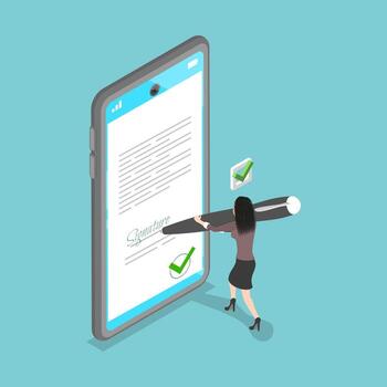 3D Isometric Flat Illustration of Electronicaly Signed Document, Digital Xontract, E-document vector