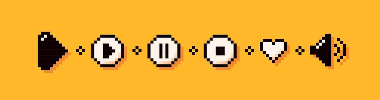 Pixel color music elements. Stop, play, pause buttons. Simple heart and volume icon. vector