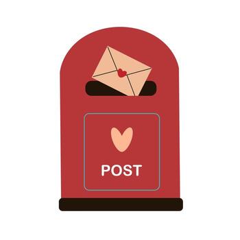 Red post box with envelope, isolated on white background. The envelope flies into the mailbox. vector