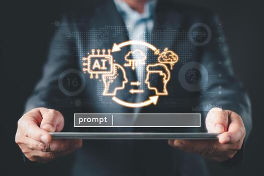 hombre participación inteligente ai chatbot y mando inmediato. grande datos almacenamiento.digital artificial inteligencia tecnología ruptura concepto. implementar automatizado tecnología apoyo y Servicio en el negocio. foto