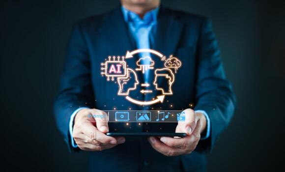 Engaging with an AI powered content creation interface, a businessman selects media options, highlighting the use of AI in research and digital innovation. photo