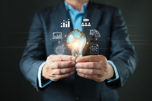 innovation technology big data and business process strategy. man hold lightbulb Ai icon. customer service management.Digital transformation change management.cloud computing.Ai technology photo