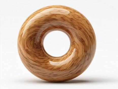 A polished wooden donut sculpture showcasing smooth curves and natural patterns. photo