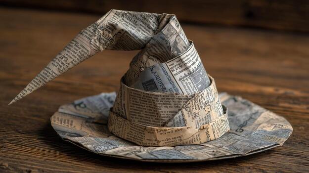 Artistic origami hat made from newspaper creatively folded with a textured background. photo