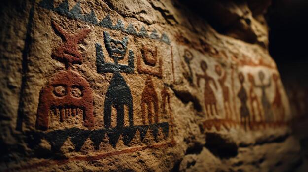 Ancient rock art depicting human figures and symbols on a textured stone surface. photo