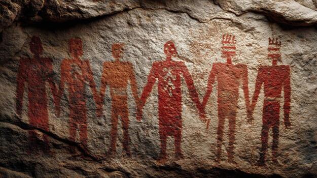 Ancient rock art depicting human figures holding hands, symbolizing community and unity. photo