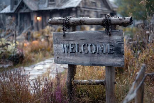 escalofriante Bienvenido firmar en un con tema de halloween ajuste rodeado por descuidado naturaleza foto