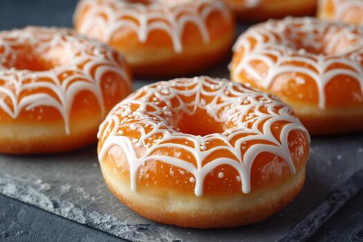 Orange Glazed Donuts with Spider Web Icing on a Slate Surface for Creative Dessert Themes photo