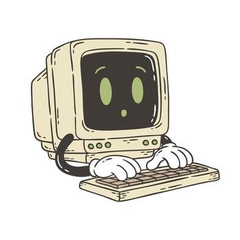 Retro Doodle Cartoon of Computer Character Typing on Keyboard vector