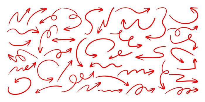 A set of red hand drawn arrows. A collection of arrows of various shapes, including curved, wavy, circular, and spiral. illustration of decorative directional signs isolated vector