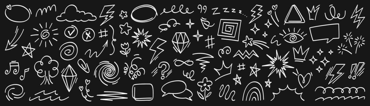 Set of colorful doodles. A collection of hand drawn sketches featuring abstract icons, crowns, stars, lightning bolts, arrows, hearts, bubbles, and geometric shapes. Abstract background vector