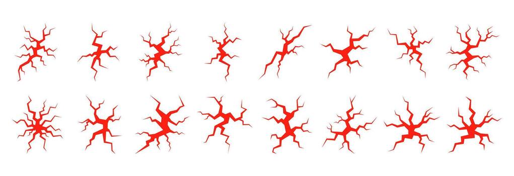 un conjunto de grietas mano dibujado explosión grietas, impacto efectos en roto suelo, y elementos de dañado superficies, aislado en un blanco antecedentes vector