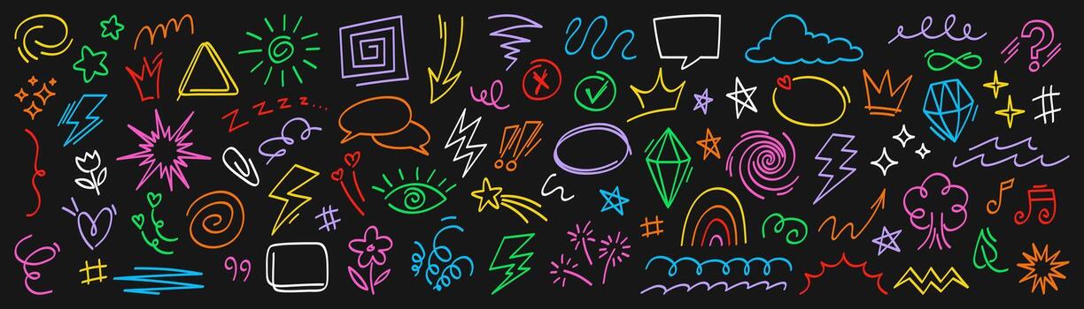 A doodle set. A collection of hand-drawn neon sketches featuring arrows, stars, crowns, hearts, clouds, spirals, speech bubbles, and geometric shapes. Abstract background vector