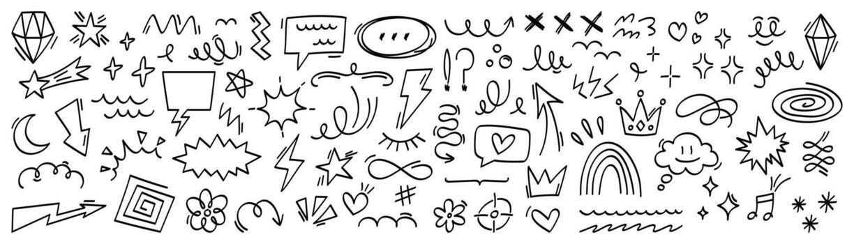 mano dibujado garabatear elementos colocar. bosquejo íconos colección con flechas, estrellas, corazones, habla burbujas, coronas, nubes, iluminación, y resumen decorativo símbolos aislado en blanco antecedentes vector