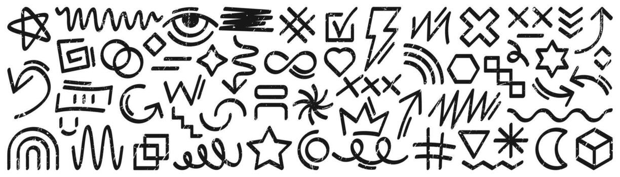 A set of grunge doodle elements. Abstract graffiti background. A collection of hand drawn sketches with stars, arrows, crowns, hearts, and lightning bolts, isolated on a white background vector
