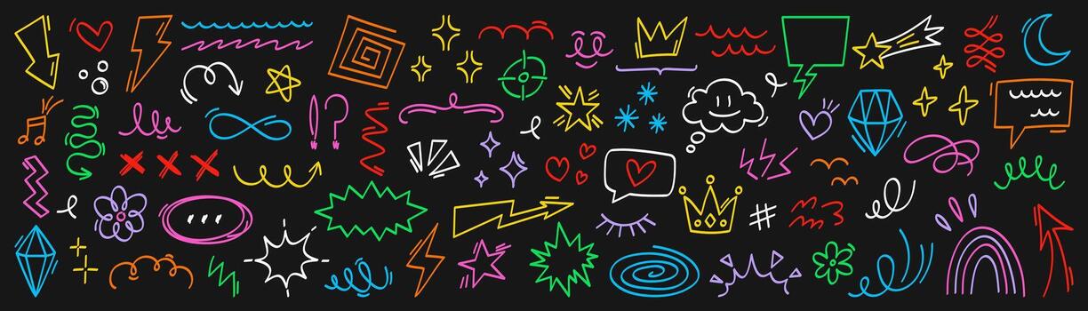 Set of colorful doodles. A collection of hand-drawn sketches featuring abstract icons, crowns, stars, lightning bolts, arrows, hearts, bubbles, and geometric shapes. Abstract background vector