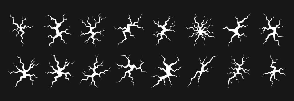 agrietado agujero colocar. blanco roto pared fractura formas, destrozado superficie grietas y destrucción marcas aislado en negro antecedentes. resumen dañar efecto colección vector