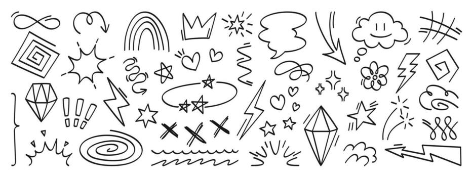 garabatear elementos antecedentes. un linda colección de bosquejo íconos con corazones, estrellas, flechas, habla burbujas, nubes, relámpago pernos, diamantes, y resumen formas, aislado en un blanco antecedentes vector