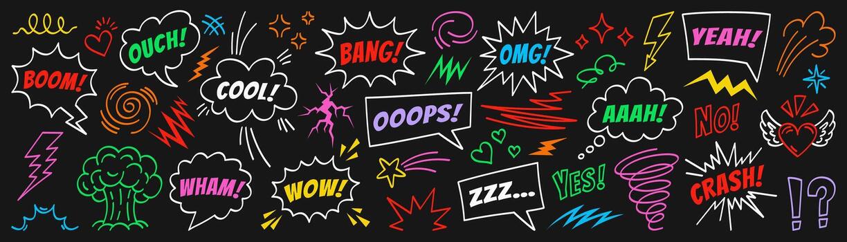 A set of colorful comic strips. collection with speech bubbles, sound effects, stars, hearts, lightning bolts, clouds, and abstract elements. Abstract background vector