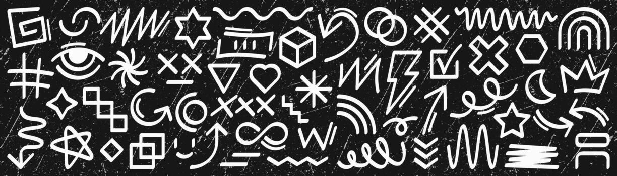 un conjunto de resumen pintada. un colección de símbolos incluso geométrico formas, flechas, resumen líneas, decorativo iconos, estrellas, corazones, y relámpago pernos, en un negro antecedentes vector