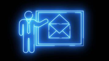 öppen kuvert ikon och presentation ikon på skärm med neon effekt video