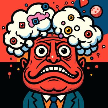 Mind erupts into bright clouds and frantic scribbles, a startled face wrestles with too many ideas at once, sparks fly, plans collide, the moment between panic and genius crackles like a joyful storm. vector