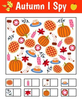 otoño yo espía juego para niños. buscando y contando actividad para preescolar niños con linda objetos. vector
