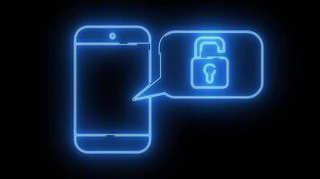 öppen hänglås ikon och smartphone pop- upp ikon med neon effekt video
