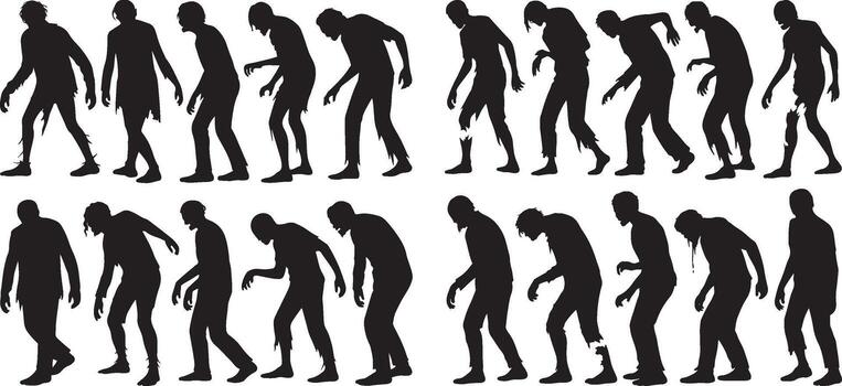 zombi silueta caminando secuencia conjunto en varios poses con Rasgado ropa y extremidades vector